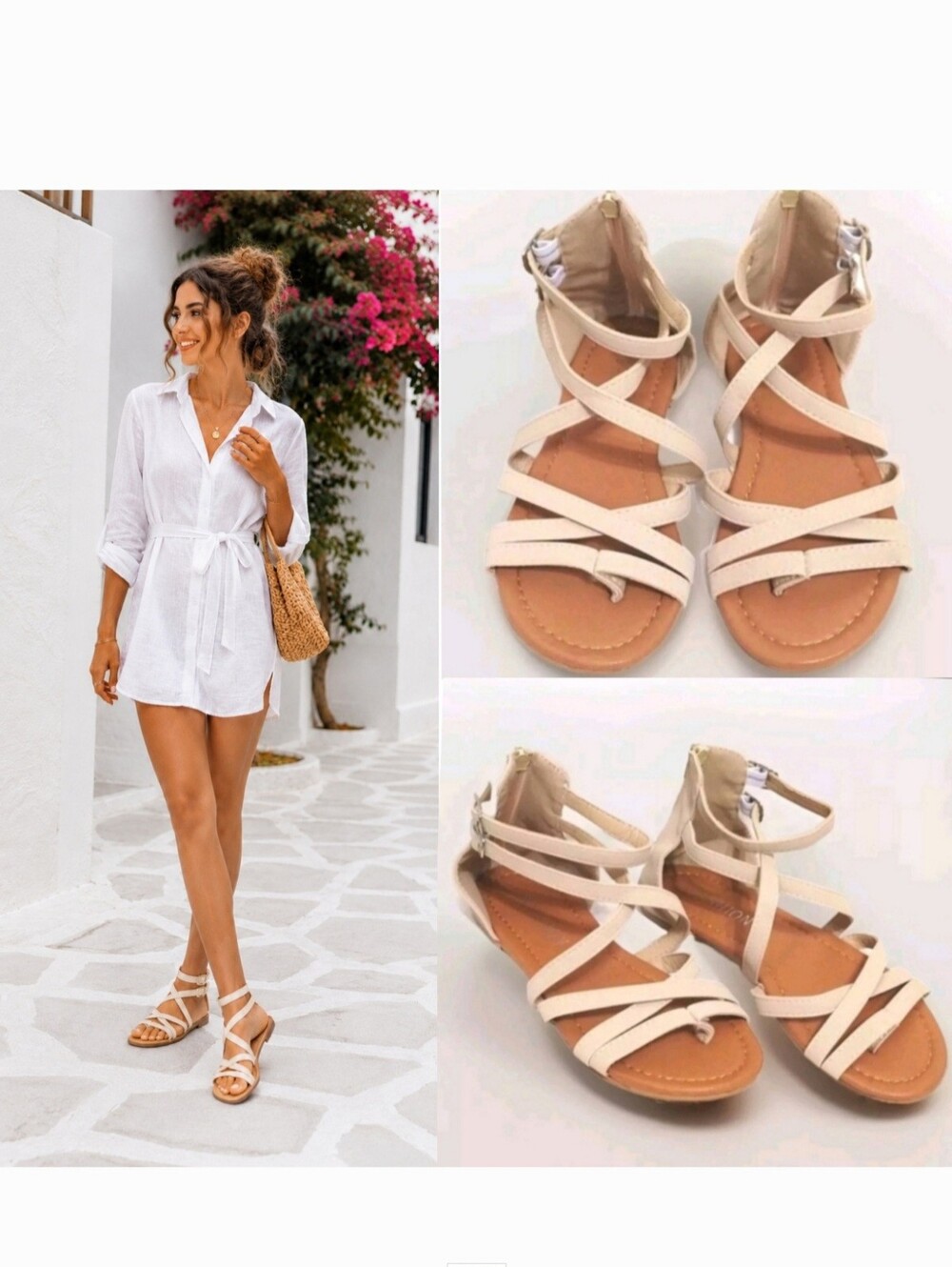 Strappy Faux Leather Resort Sandals Closed Heel Boho Summer Flats Sz 40 US 9-9.5